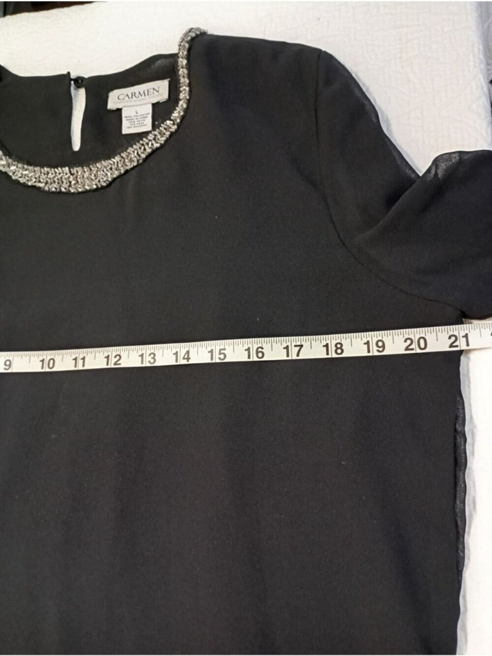 Carmen Marc Valvo Black Beaded Neckline Blouse Pleated Back Hem Womens Large - Picture 7 of 8